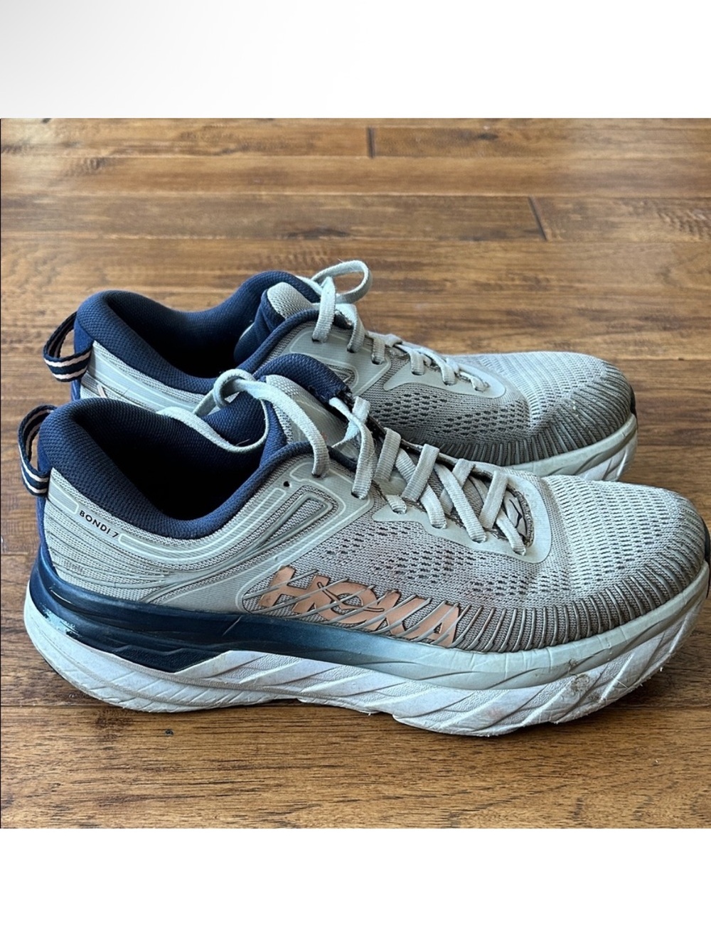 Hoka One One Women's Running Shoes in Light Gray, Navy, and Coral Accent